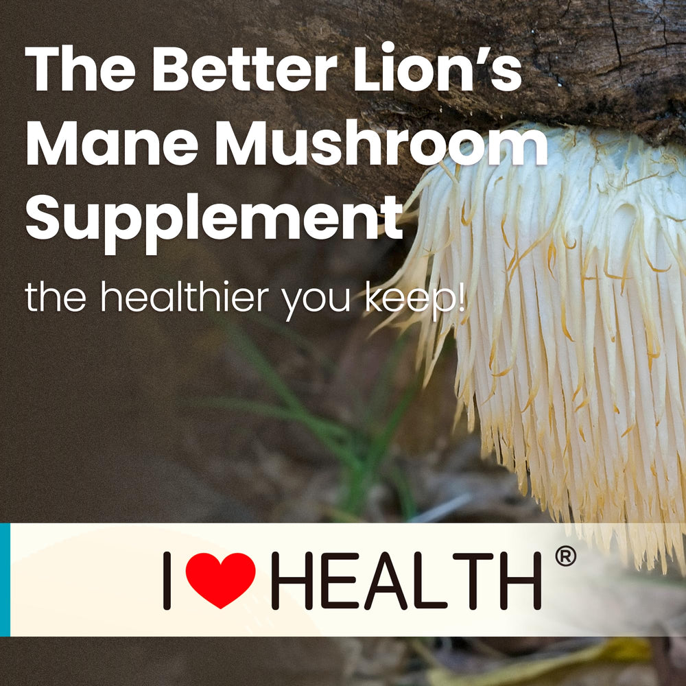I LOVE HEALTH Lion's Mane packaging flatlay illustrating product range