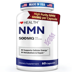 I LOVE HEALTH NMN 500mg capsule close-up; high-purity NMN for daily energy.