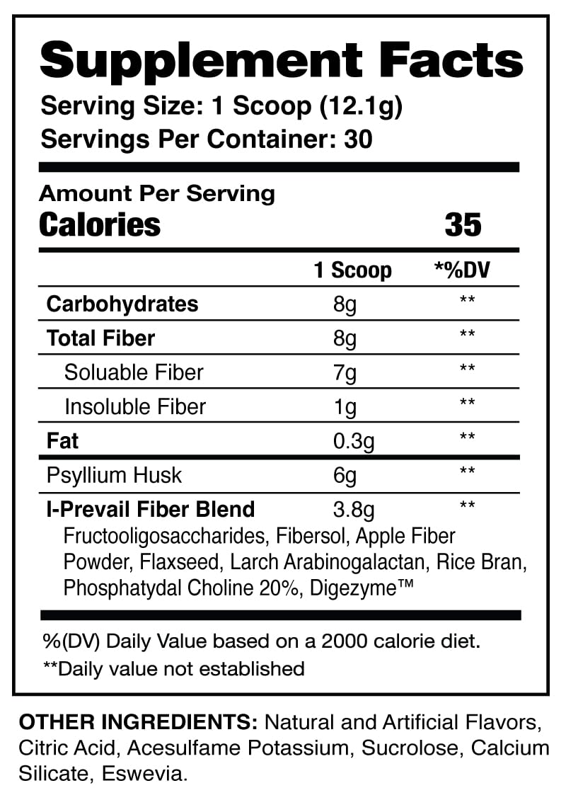 I-Prevail Supplements Fiber serving scoop showing convenient 8g dose for digestion.