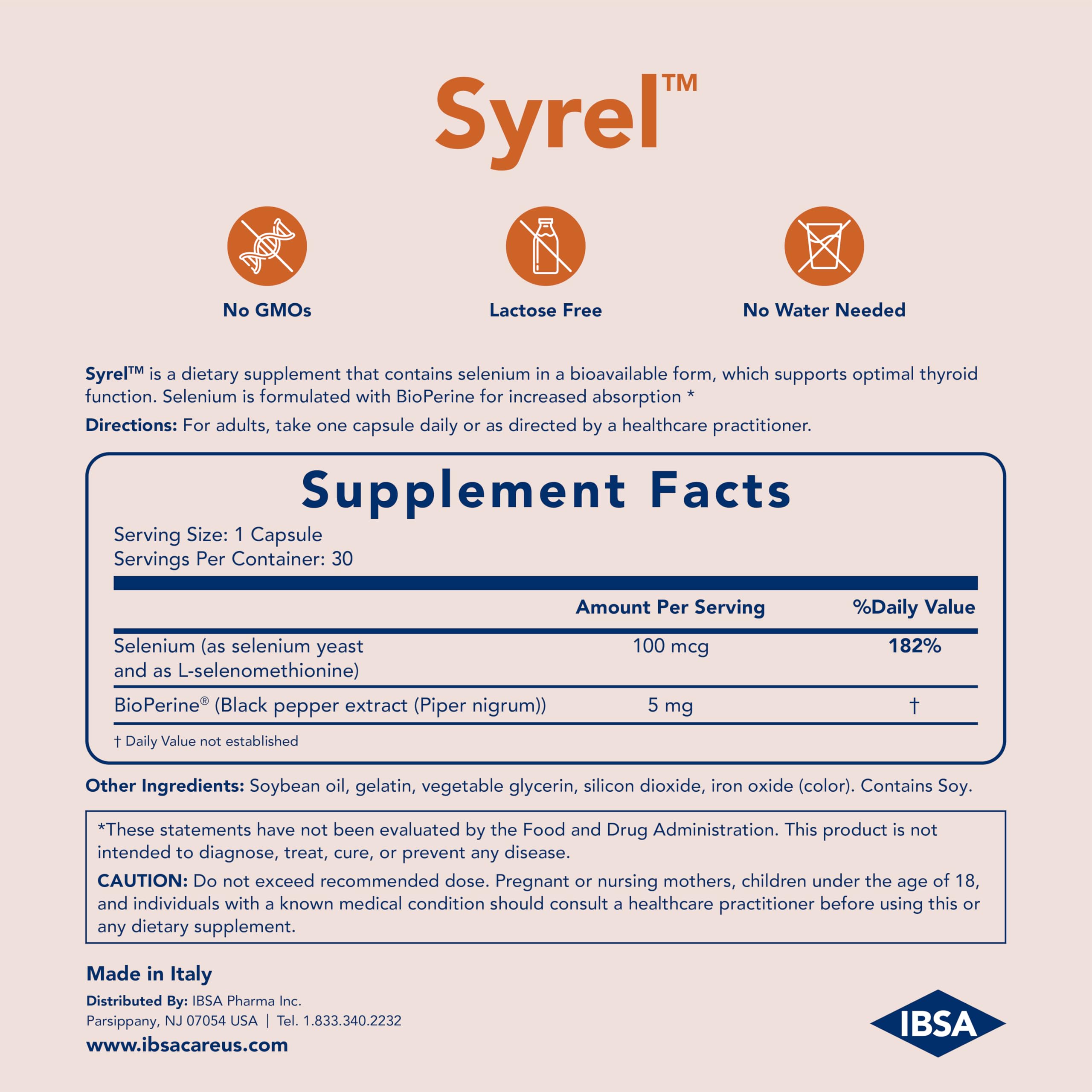 Ibsa Syrel gluten-free lactose-free sugar-free badge confirms dietary compatibility.