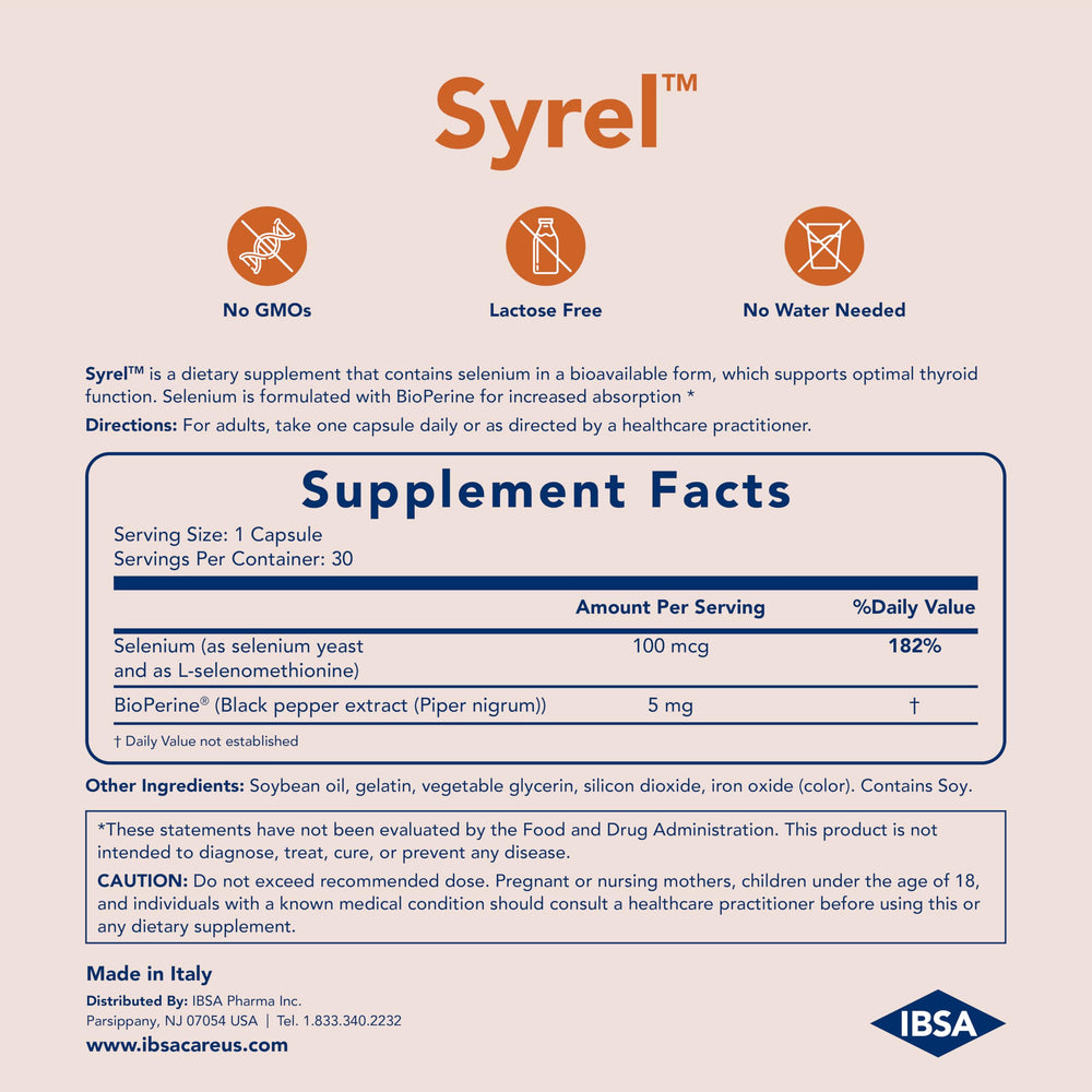 Ibsa Syrel gluten-free lactose-free sugar-free badge confirms dietary compatibility.