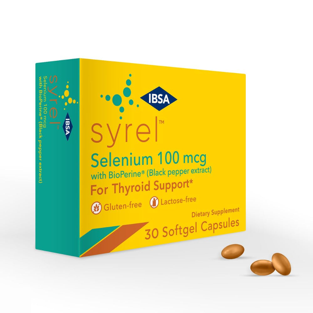 Ibsa Syrel thyroid-support softgel bottle shows convenient daily supplementation for thyroid health support.