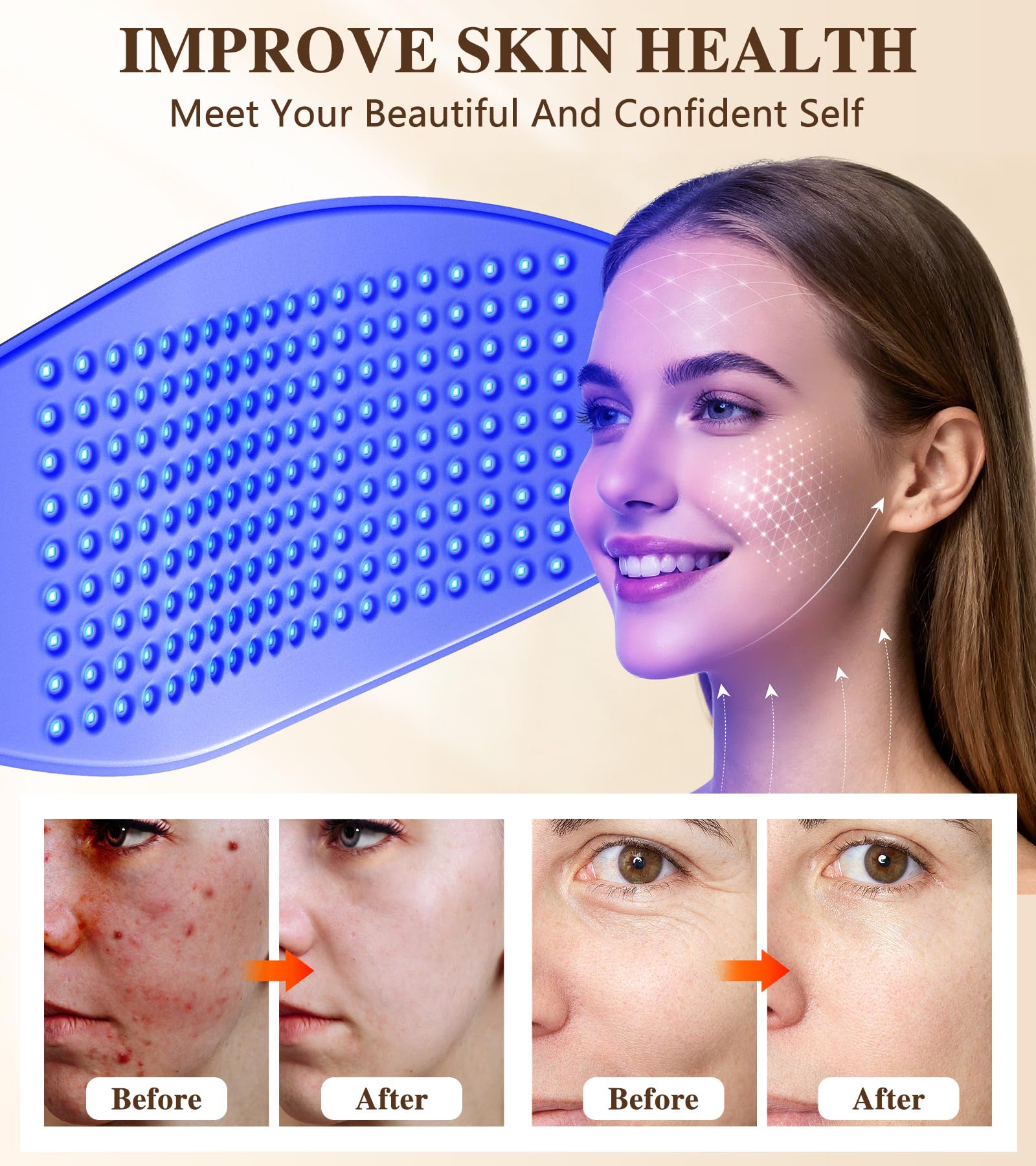 Close-up of Icbgre LED mask highlighting anti-wrinkle benefits