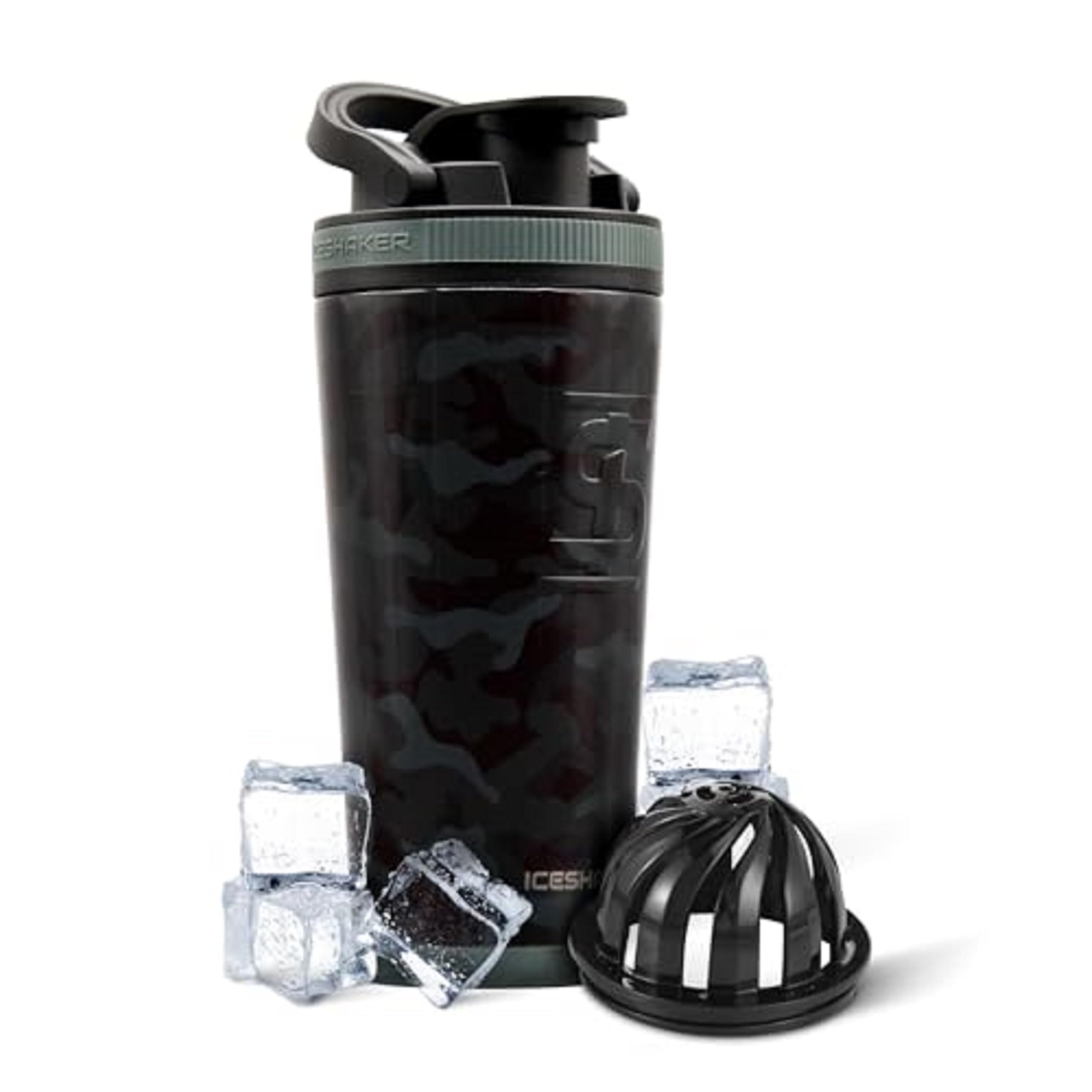 Ice Shaker 26oz bottle in black camo keeps drinks cold on the go