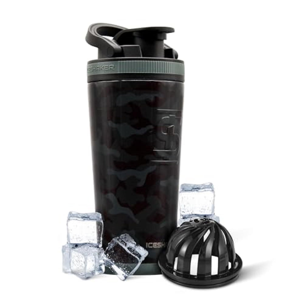 Ice Shaker 26oz bottle in black camo keeps drinks cold on the go