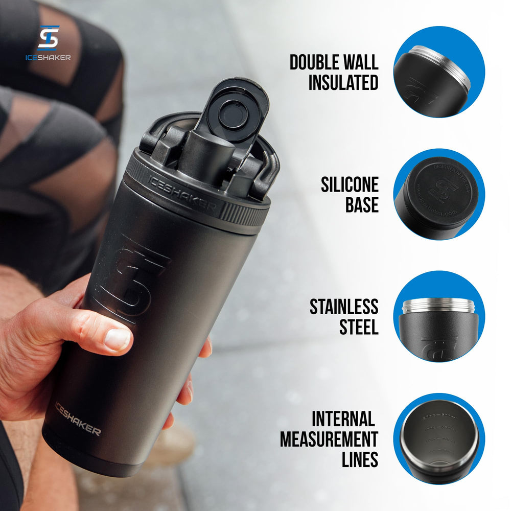 Ice Shaker 26oz bottle with double-wall insulation keeps drinks cold for 30+ hours.