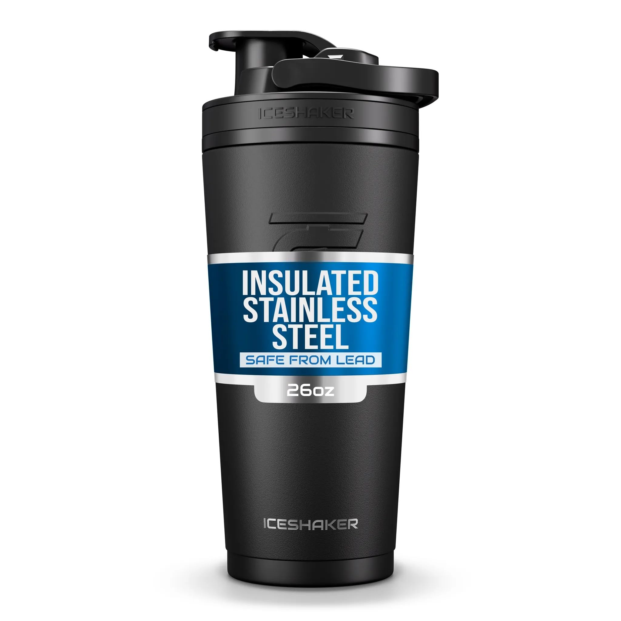 Ice Shaker 26oz bottle with twist-on agitator for smooth, lump-free shakes on the go.