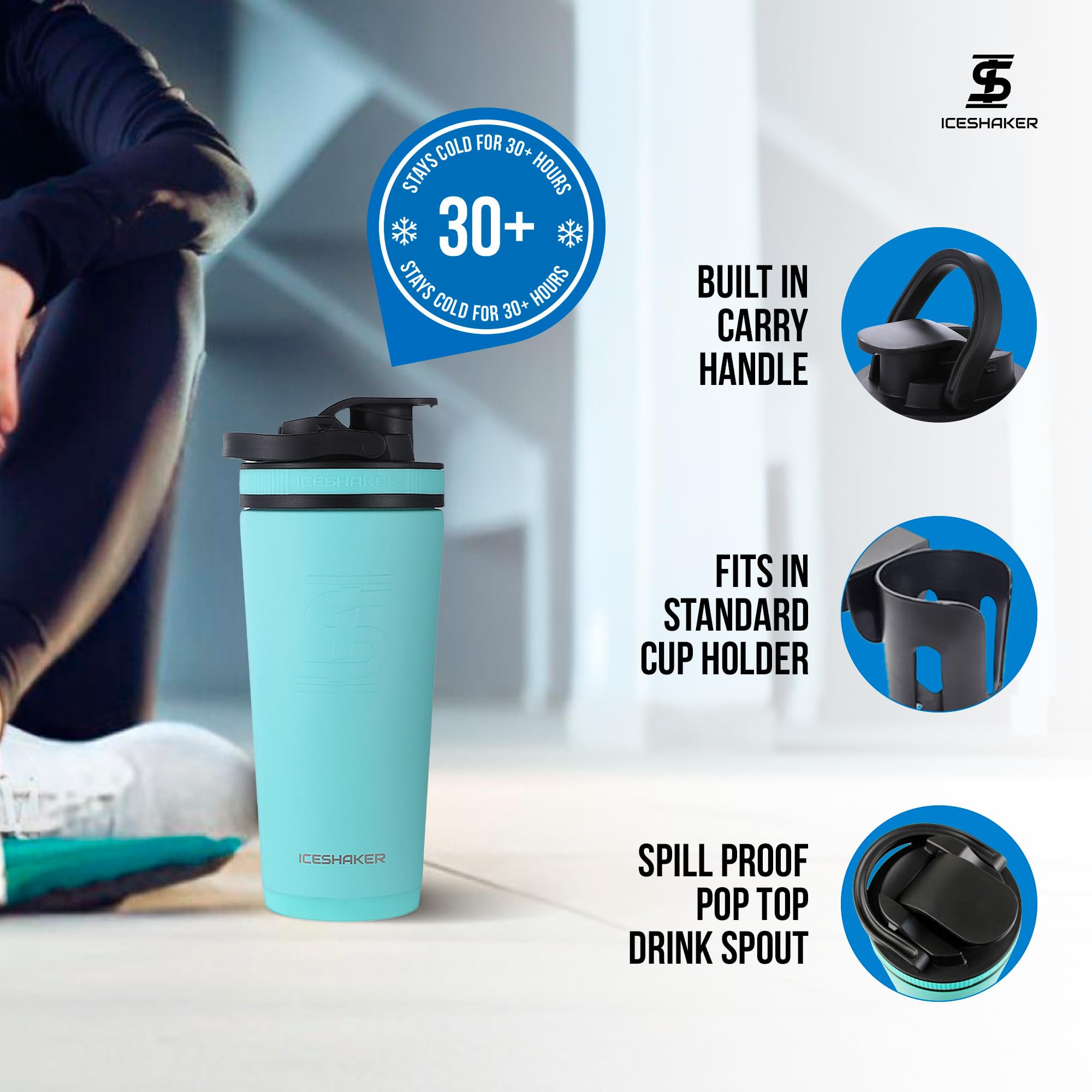 Ice Shaker 26oz mint bottle with twist-on agitator for smooth, lump-free shakes.
