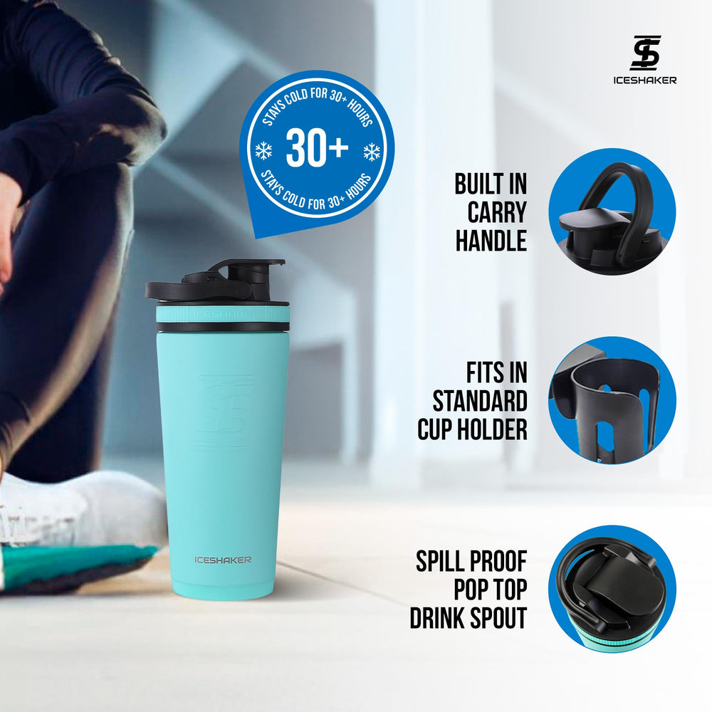 Ice Shaker 26oz mint bottle with twist-on agitator for smooth, lump-free shakes.