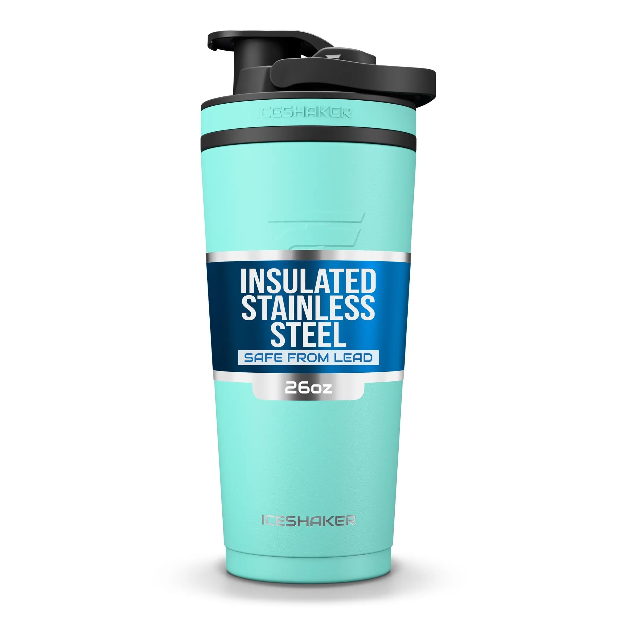 Ice Shaker 26oz mint bottle, top view showing sleek design and portability.