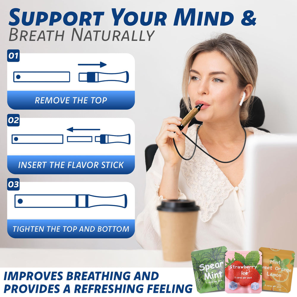 ICYVIBES inhaler in use with mouth placement for gentle breathing.