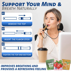 ICYVIBES inhaler in use with mouth placement for gentle breathing.