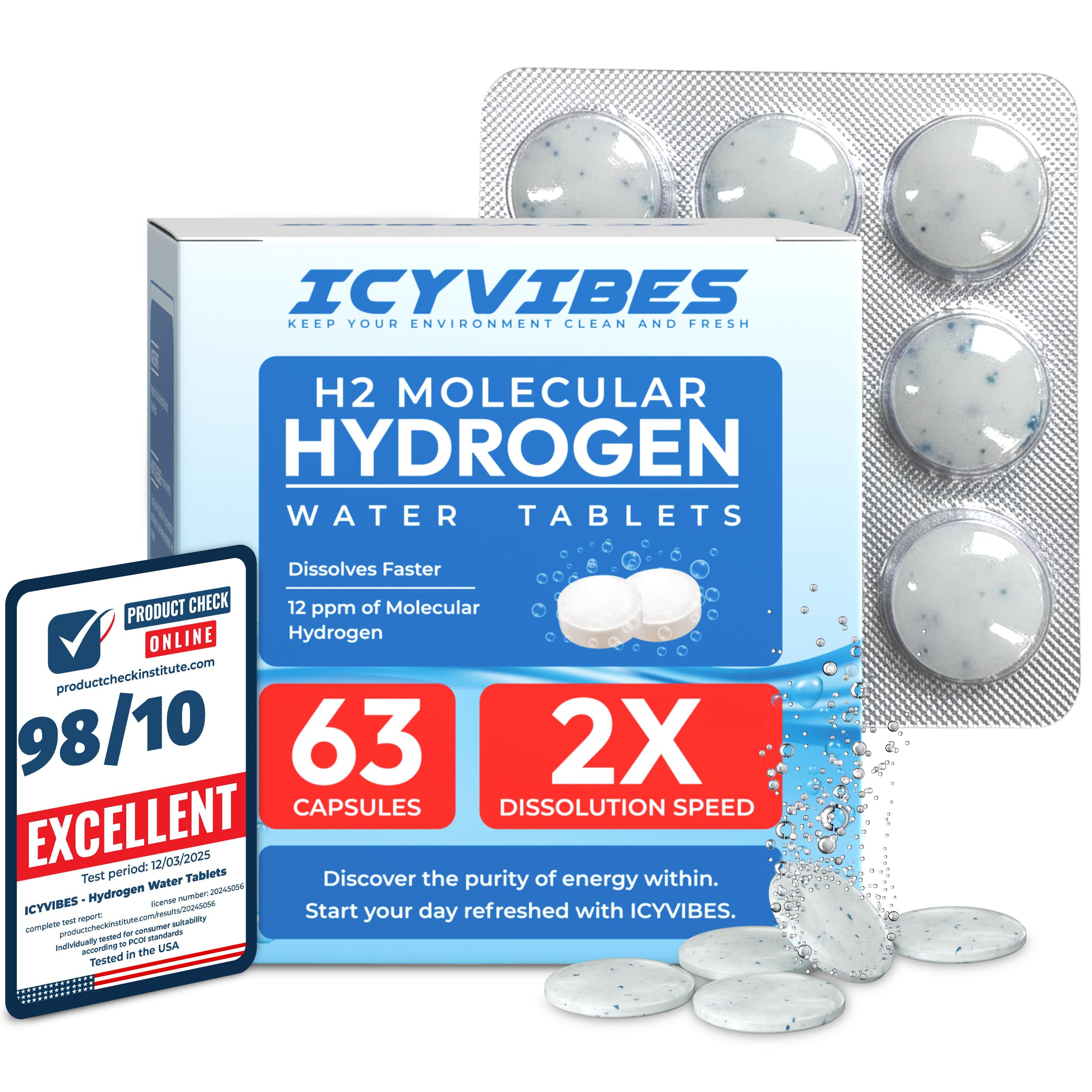 ICYVIBES premium hydrogen tablets in front of packaging for hydration