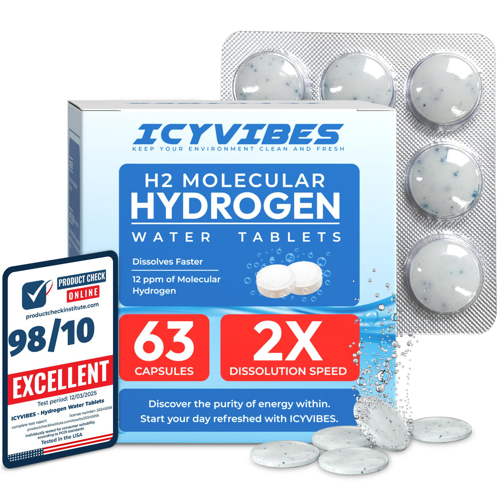 ICYVIBES premium hydrogen tablets in front of packaging for hydration