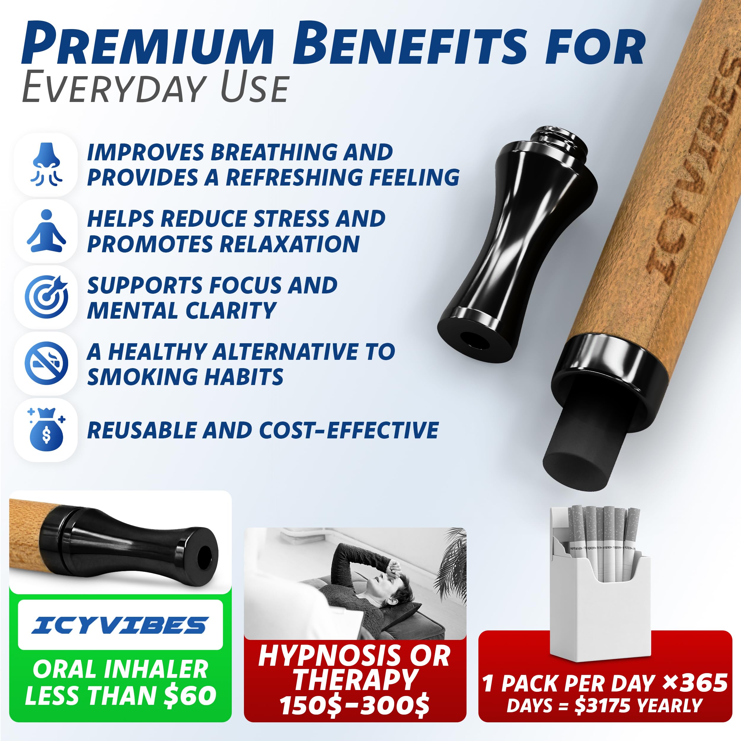 ICYVIBES wooden inhaler with cotton filter for a clean, aroma-free experience.
