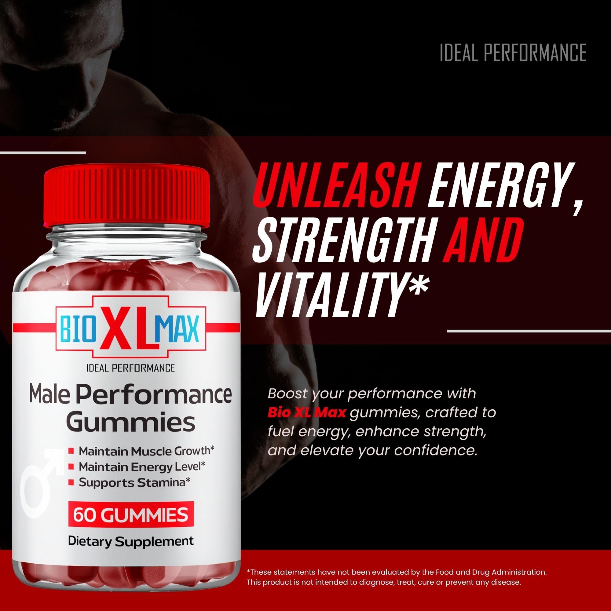 IDEAL PERFORMANCE Bio XL Max Gummies closeup texture reveals chewy, enjoyable consistency.
