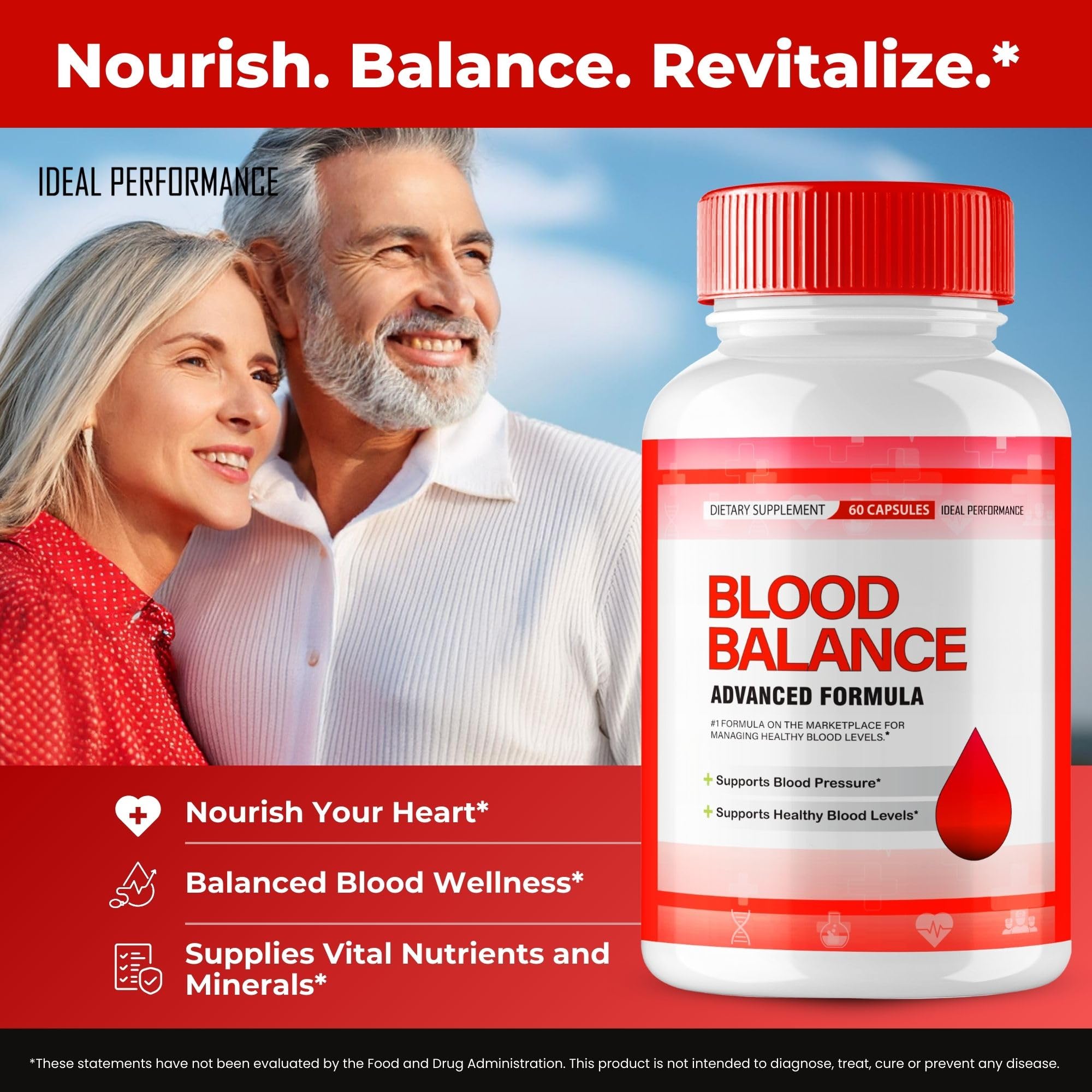 IDEAL PERFORMANCE Blood Balance capsules arranged for daily dose and routine use.