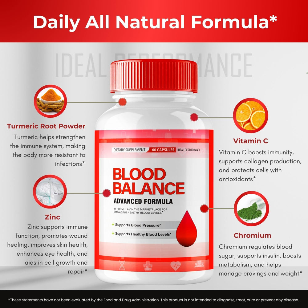 IDEAL PERFORMANCE Blood Balance natural ingredients shown as herbs and minerals for vitality.