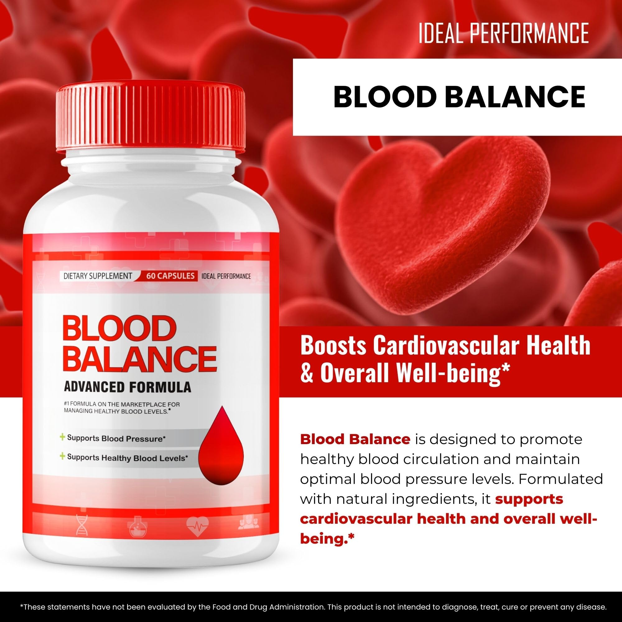 IDEAL PERFORMANCE Blood Balance packaging box on display signaling premium natural formulation.