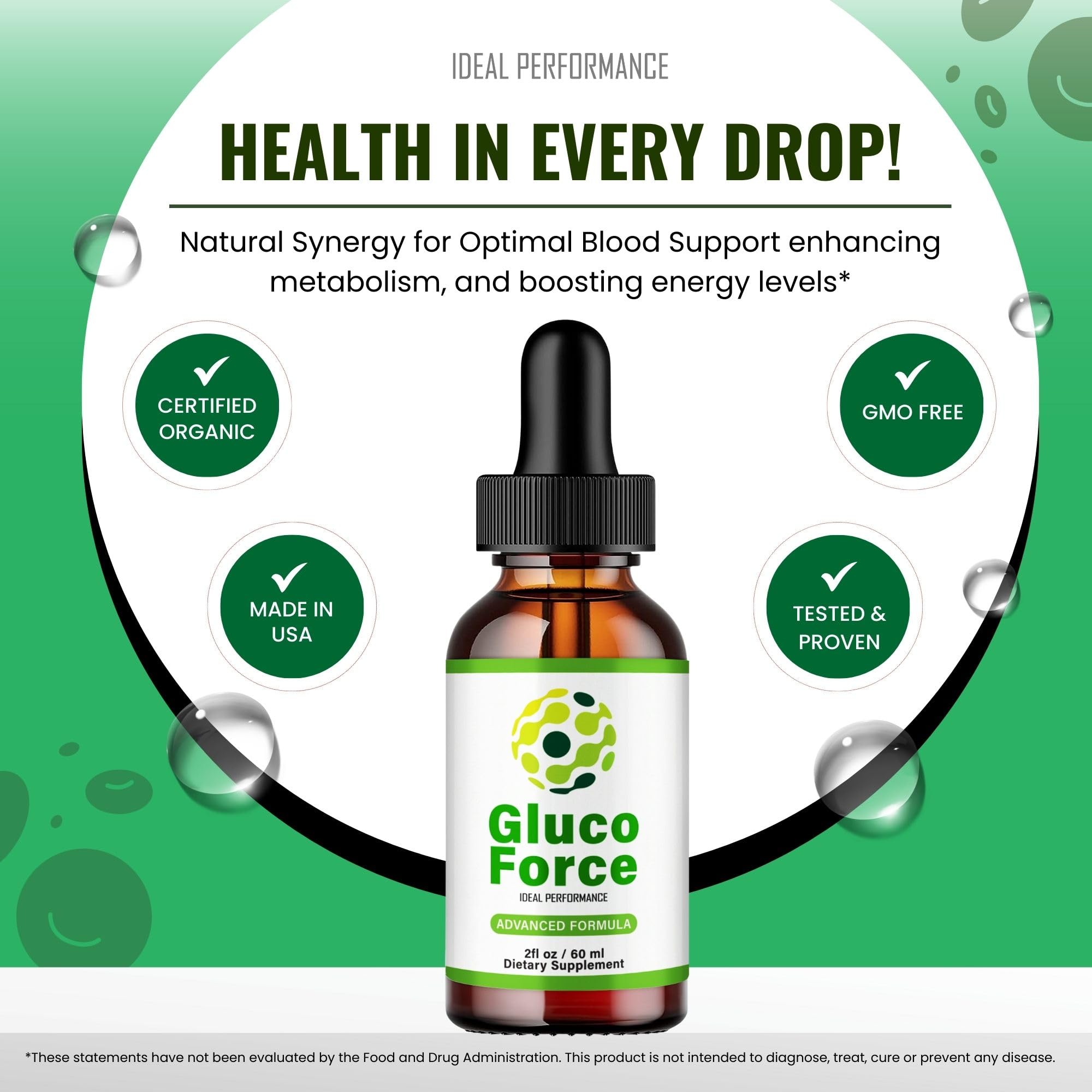 IDEAL PERFORMANCE Gluco Force Drops drops in water illustrate easy integration into drinks.