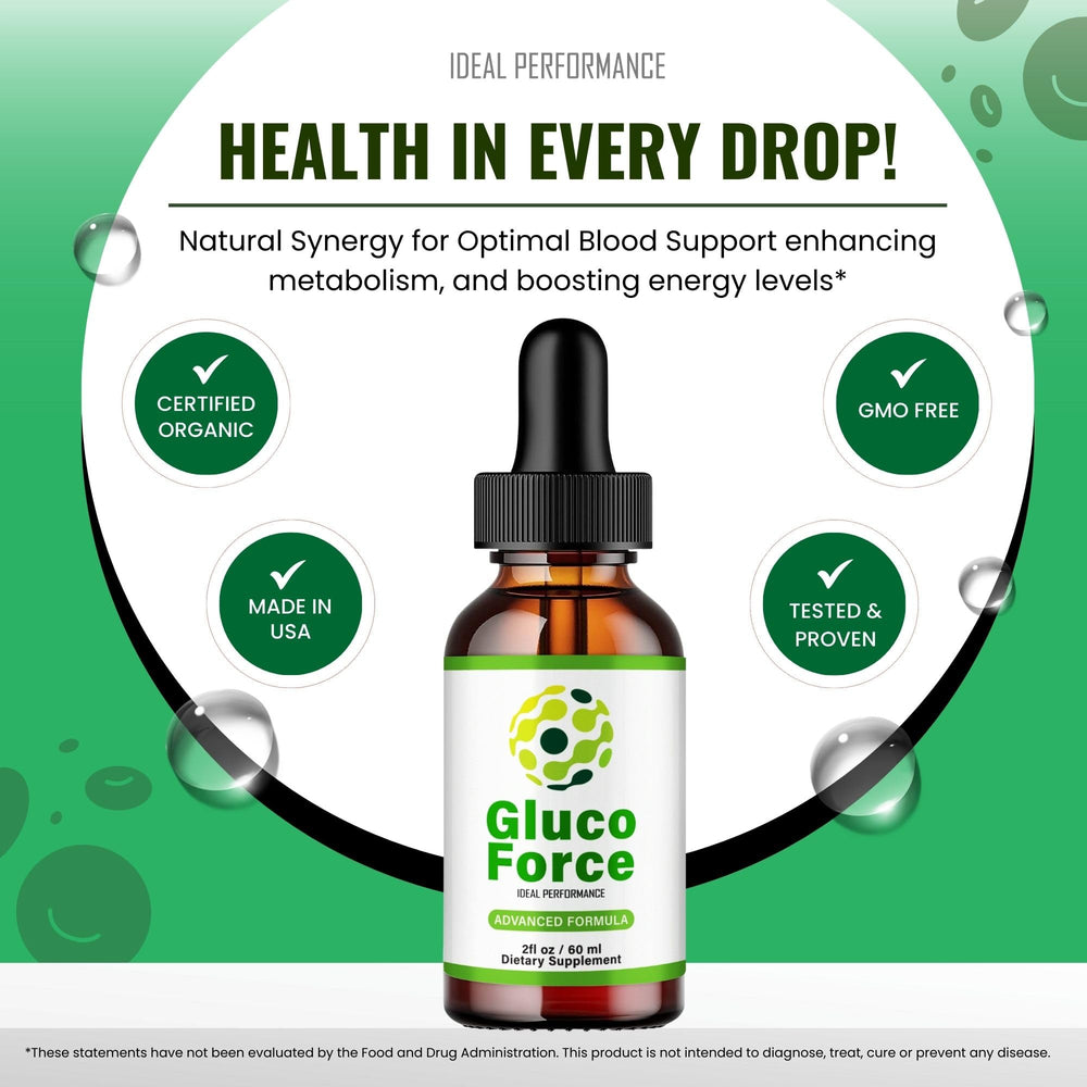 IDEAL PERFORMANCE Gluco Force Drops drops in water illustrate easy integration into drinks.