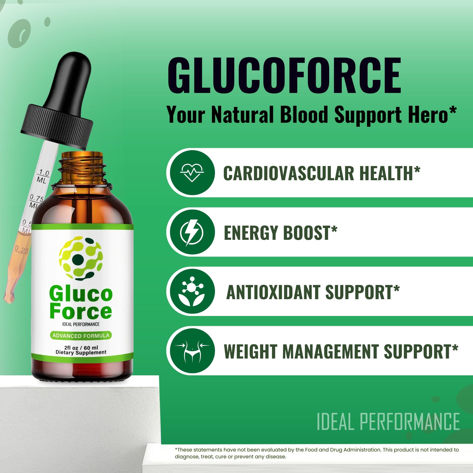 IDEAL PERFORMANCE Gluco Force Drops two-pack packaging promotes consistent routine.