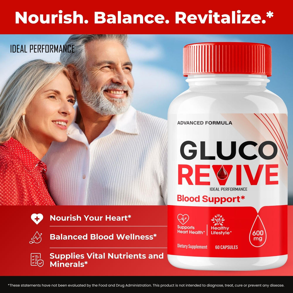 IDEAL PERFORMANCE Gluco Revive bottle on desk in a healthy lifestyle backdrop.