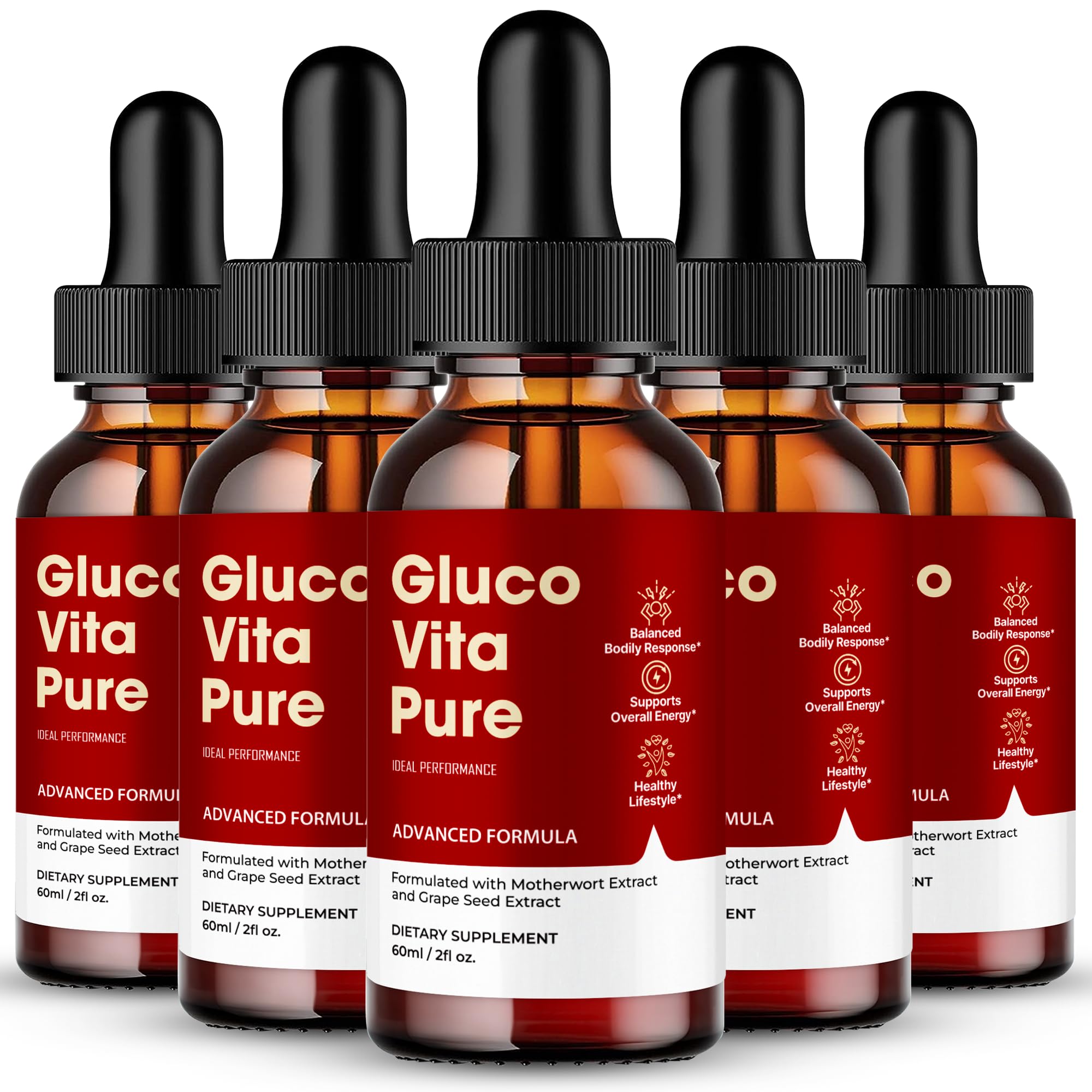 IDEAL PERFORMANCE Gluco Vita Pure Drops bottle showing the all-natural formula for circulation support.