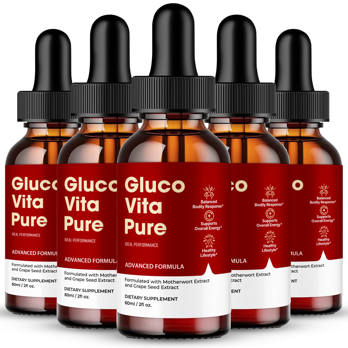 IDEAL PERFORMANCE Gluco Vita Pure Drops bottle showing the all-natural formula for circulation support.