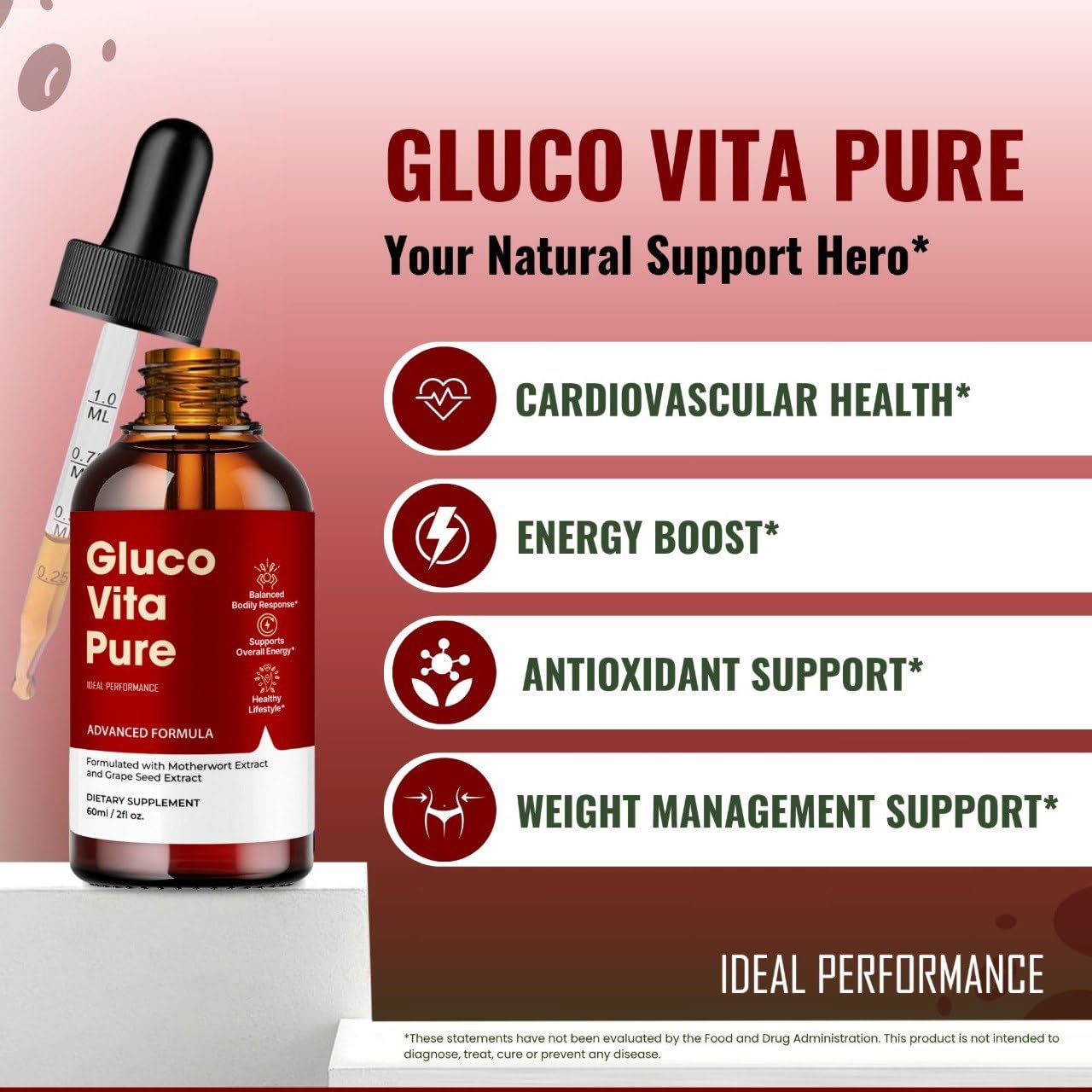 IDEAL PERFORMANCE Gluco Vita Pure Drops packaging conveys trust and simple storage.