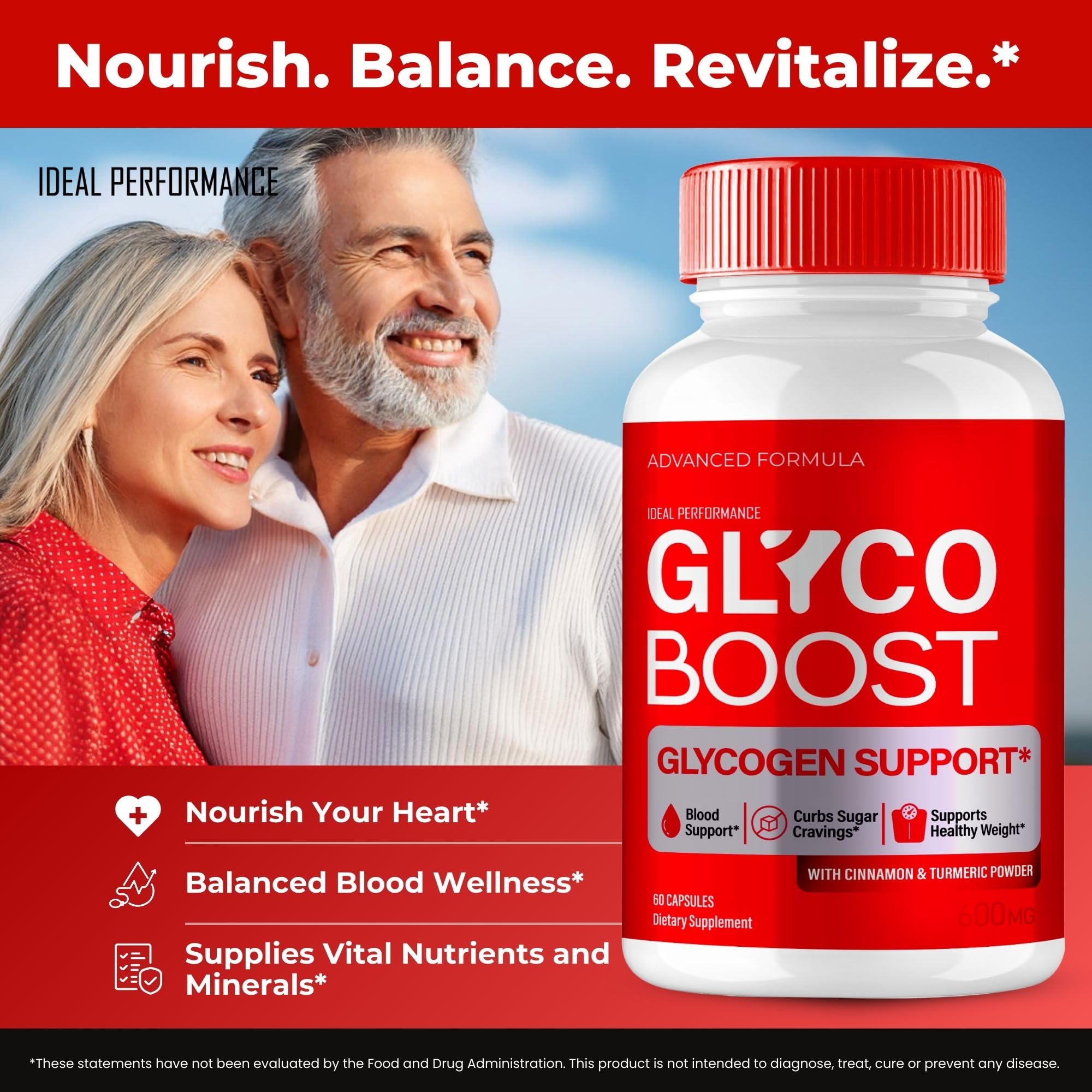 IDEAL PERFORMANCE Glyco Boost Blood Formula packaging emphasizes premium quality.