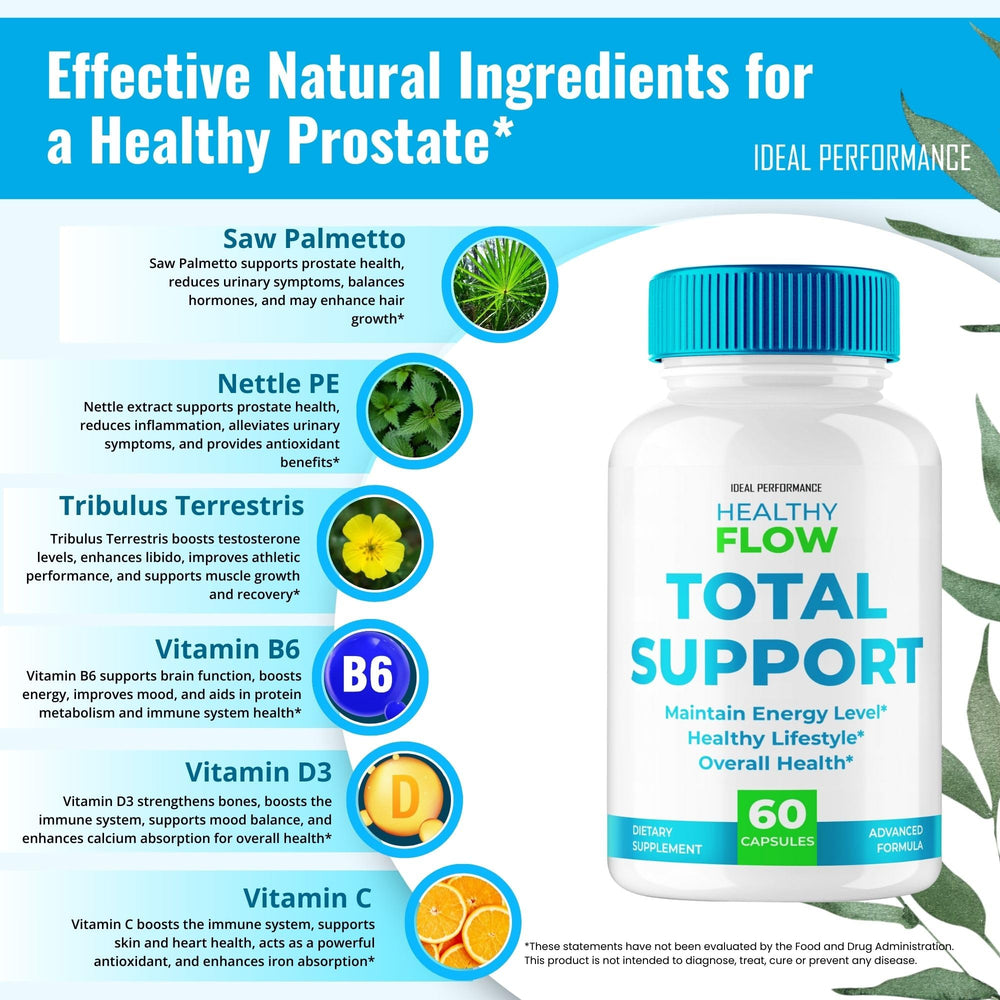 IDEAL PERFORMANCE Healthy Flow Total Support capsules arranged neatly on a white surface.