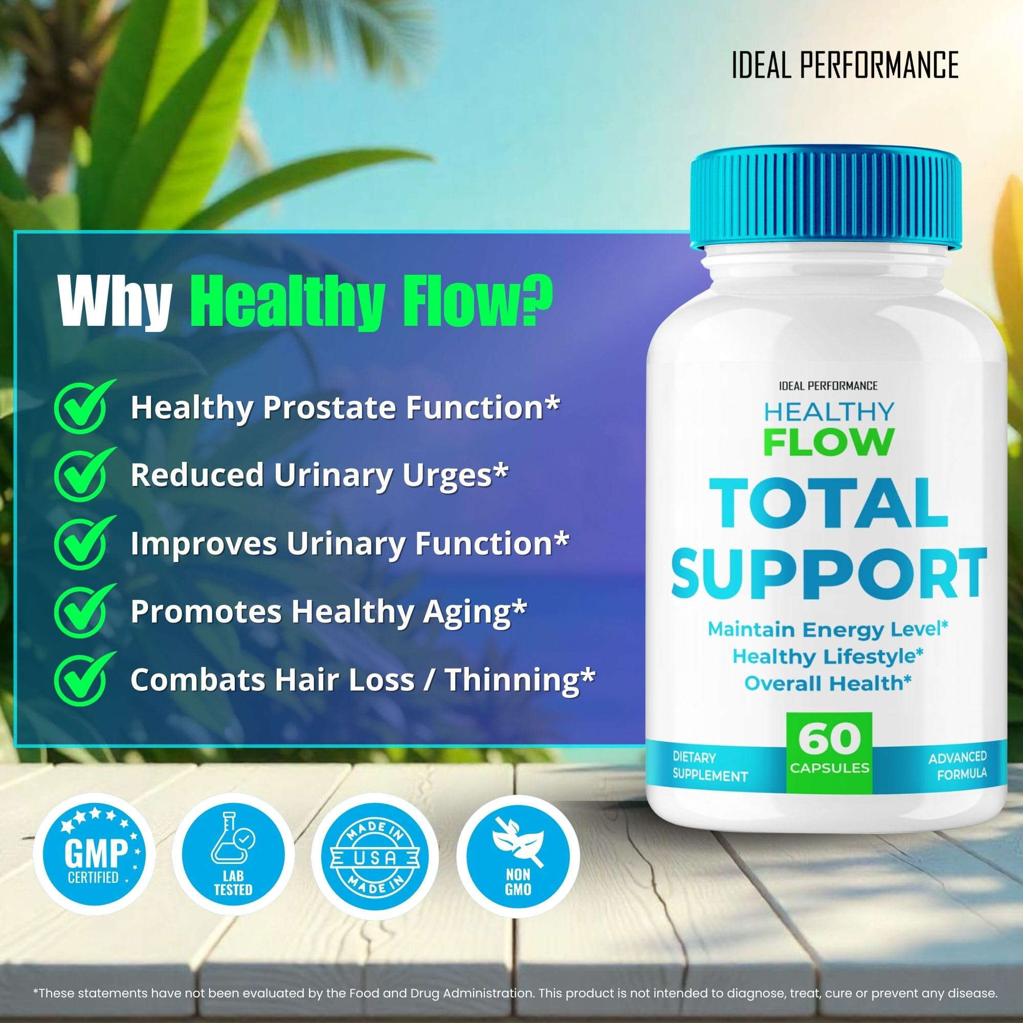 IDEAL PERFORMANCE Healthy Flow Total Support bottle in a morning routine setting.