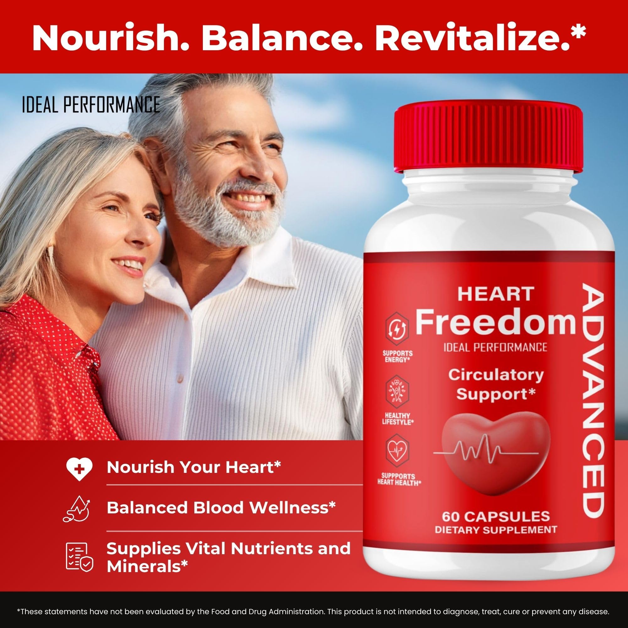 IDEAL PERFORMANCE Heart Freedom capsules dispensing tip showing easy daily intake