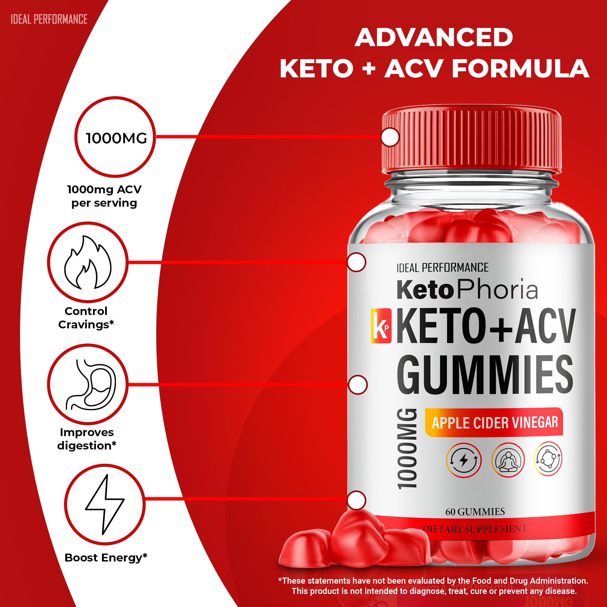 IDEAL PERFORMANCE Ketophoria ACV Gummies label emphasizes all-natural keto-friendly formula.