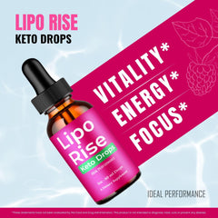 IDEAL PERFORMANCE Lipo Rise Drops label front with keto-friendly ingredients info