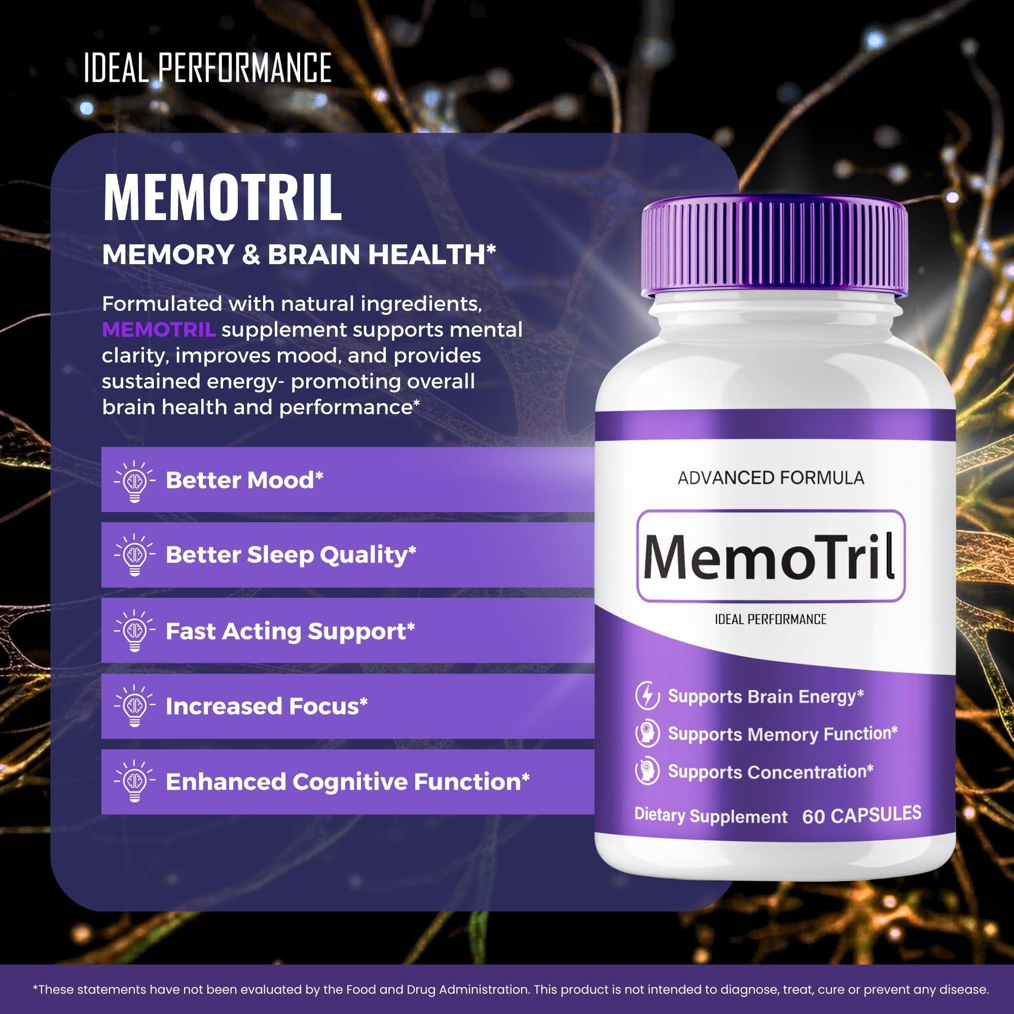IDEAL PERFORMANCE MemoTril capsules packaging box on white background.