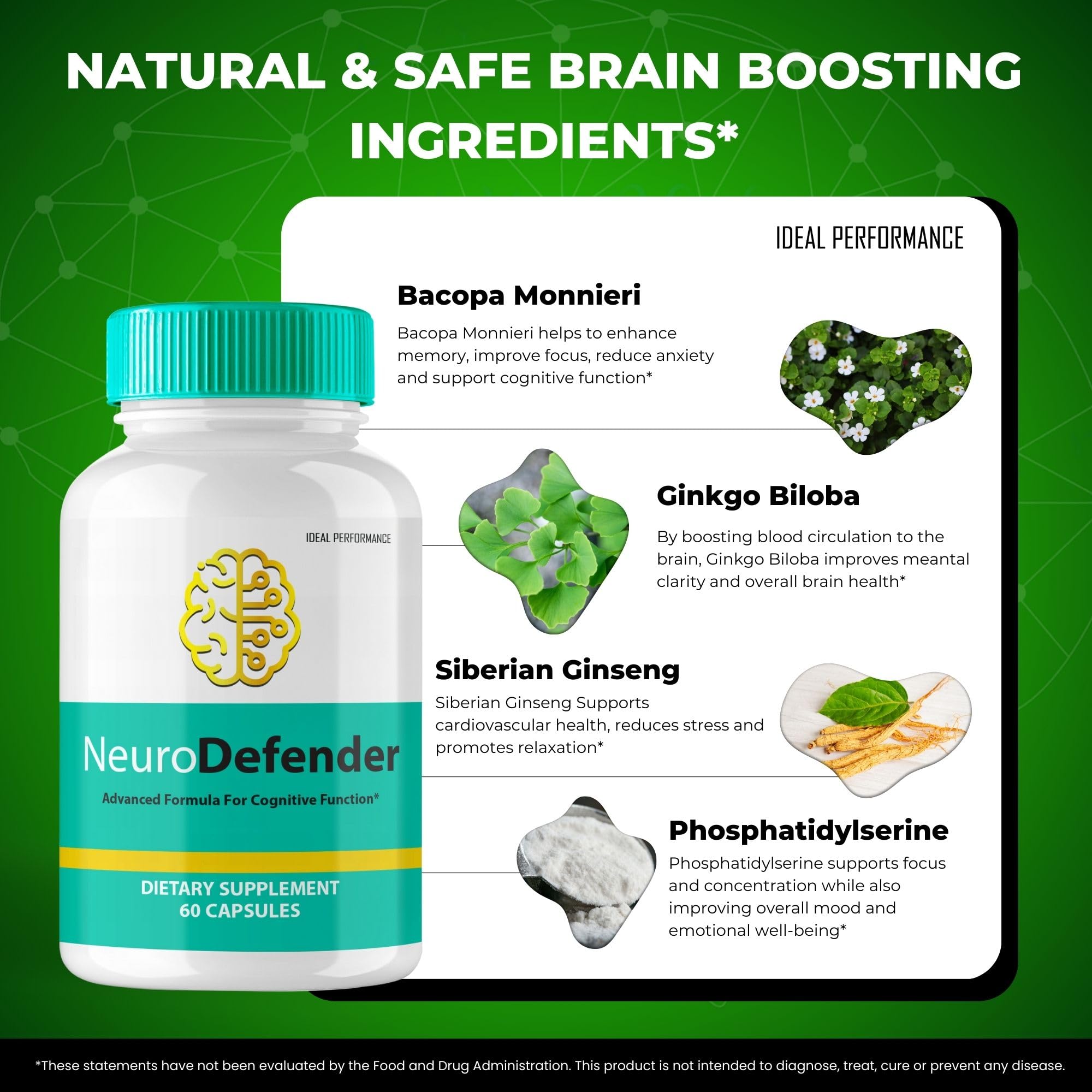 Ingredient panel of Neuro Defender evokes natural nootropic support