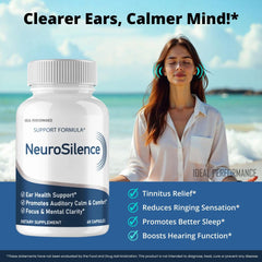 IDEAL PERFORMANCE Neurosilence pills in hand for on-the-go ear care.