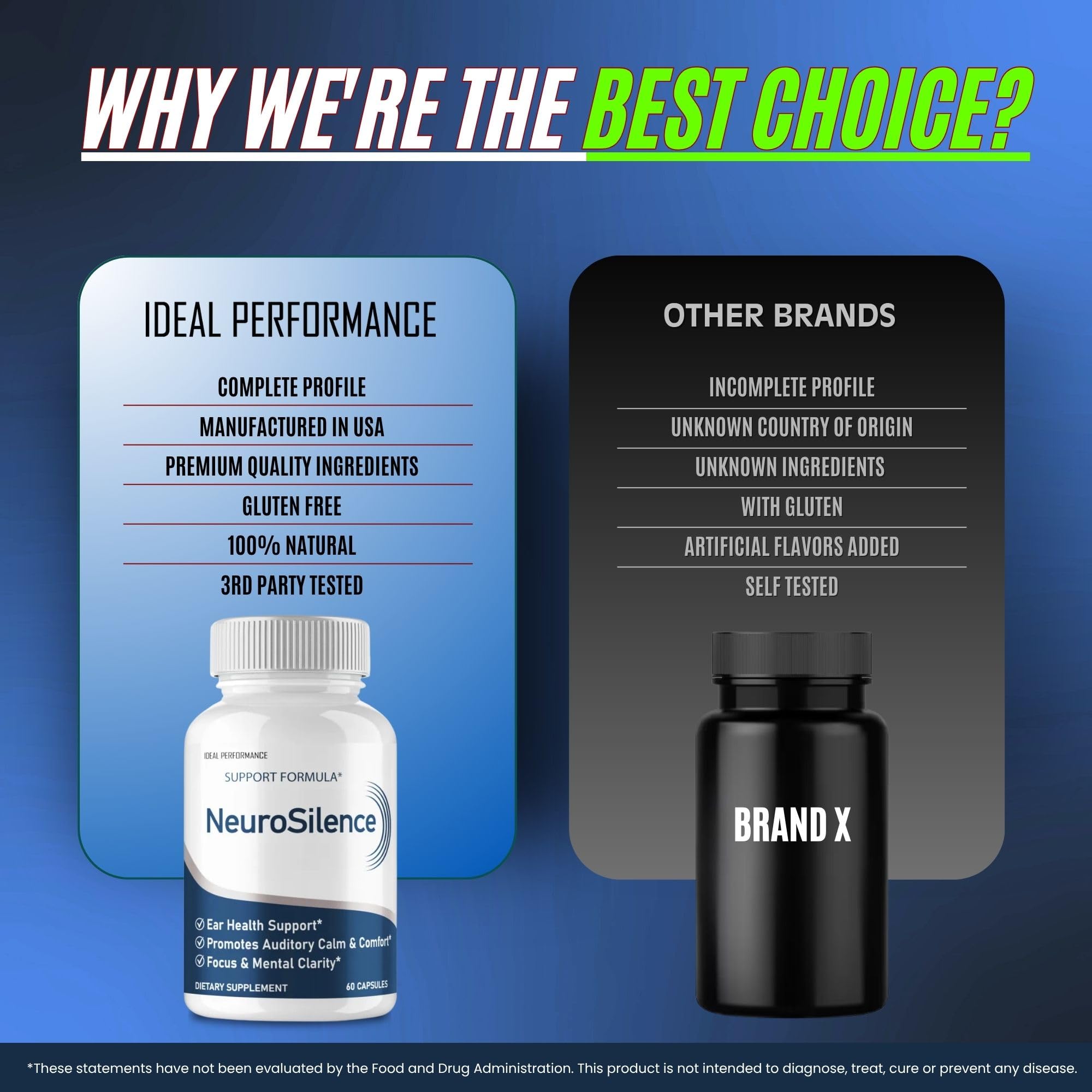 IDEAL PERFORMANCE Neurosilence visuals plus ear-health icons highlight comfort and concentration.
