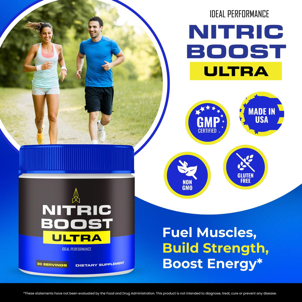 IDEAL PERFORMANCE Nitric Boost Ultra Powder label close-up emphasizes maximum strength formula.