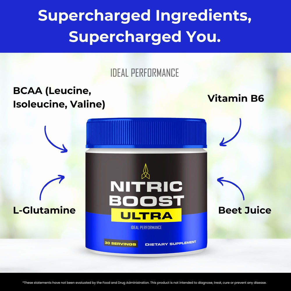 IDEAL PERFORMANCE Nitric Boost Ultra Powder stirred in a shaker for smooth texture.