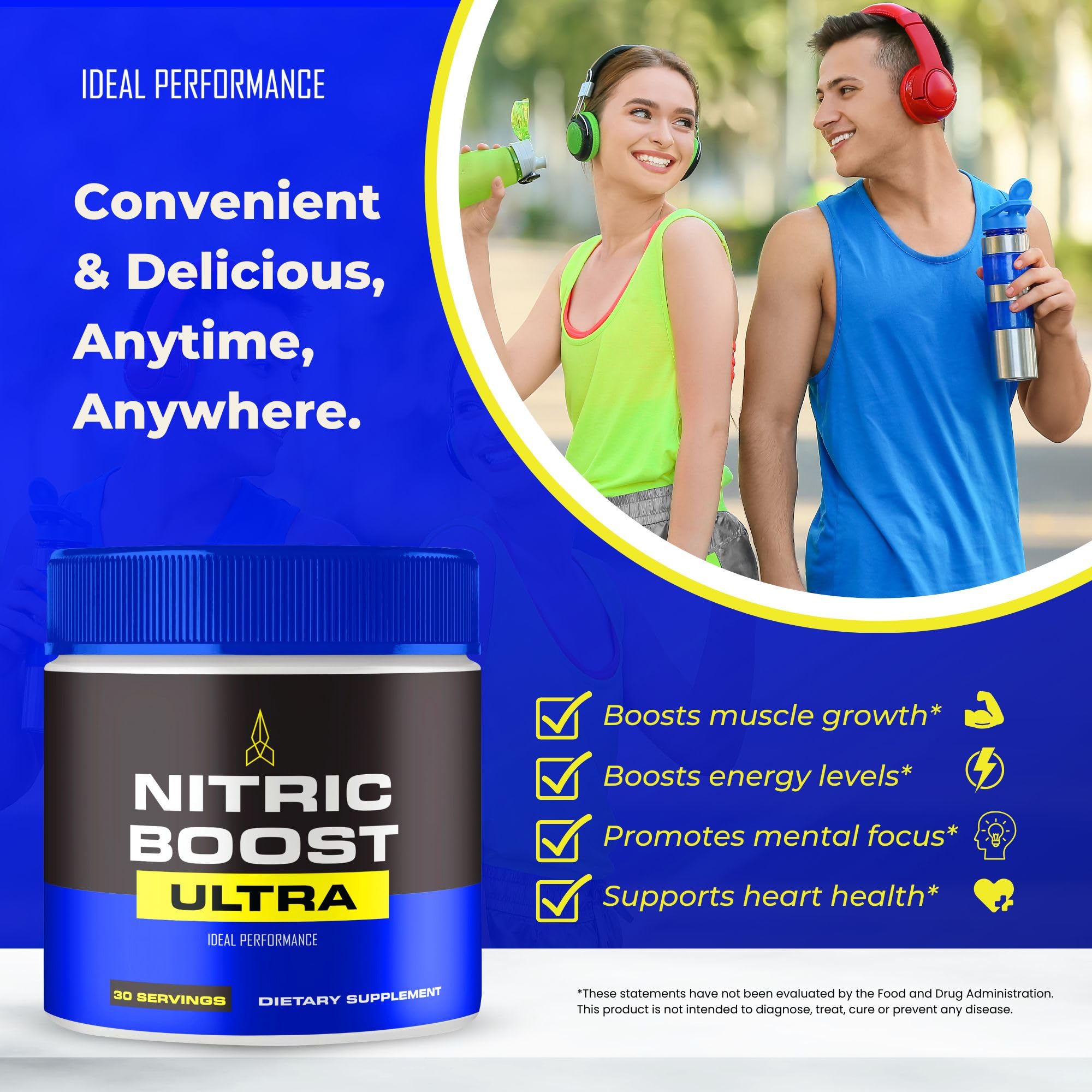 IDEAL PERFORMANCE Nitric Boost Ultra serving image illustrates quick, on-the-go use