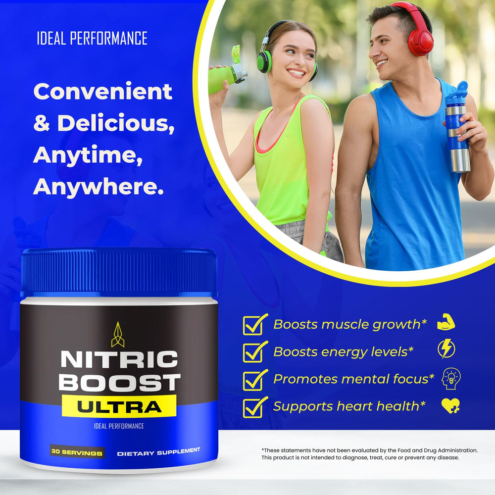 IDEAL PERFORMANCE Nitric Boost Ultra serving image illustrates quick, on-the-go use