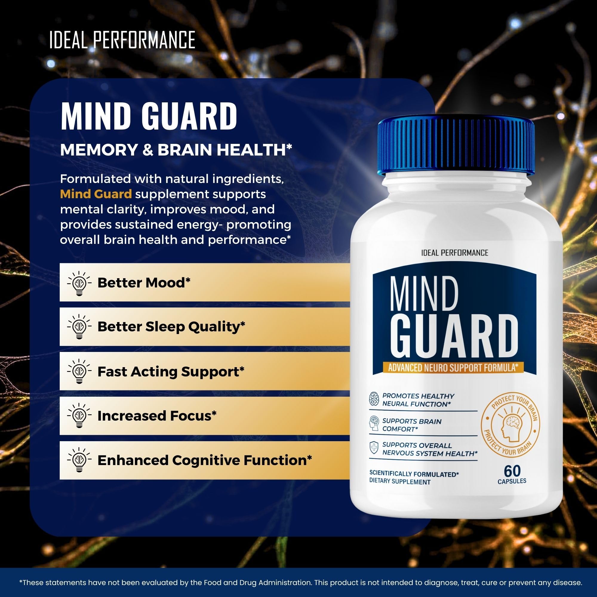 IDEAL PERFORMANCE Mind Guard nootropic pills visual representing cognitive health support.