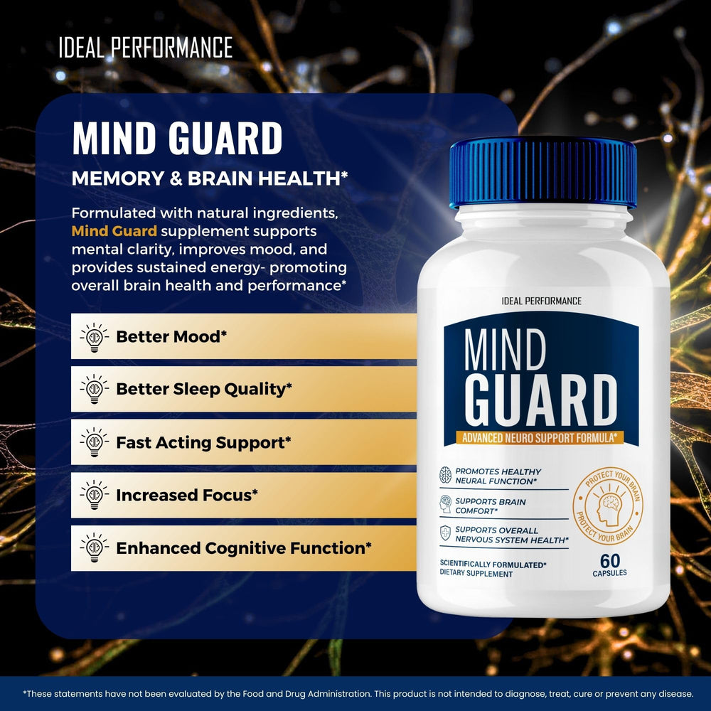 IDEAL PERFORMANCE Mind Guard nootropic pills visual representing cognitive health support.