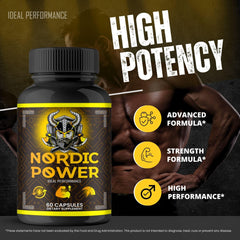 Nordic Power Pills bottle beside a glass during daily use.