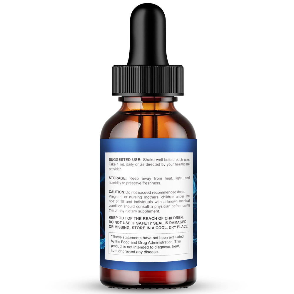 Close-up of Nu Nerve Drops label highlights natural formula and strength.