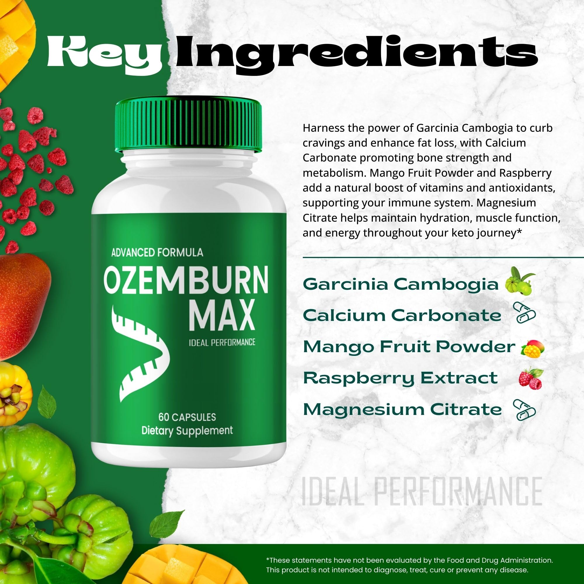 IDEAL PERFORMANCE OzemBurn Max ingredients panel emphasizing natural components.