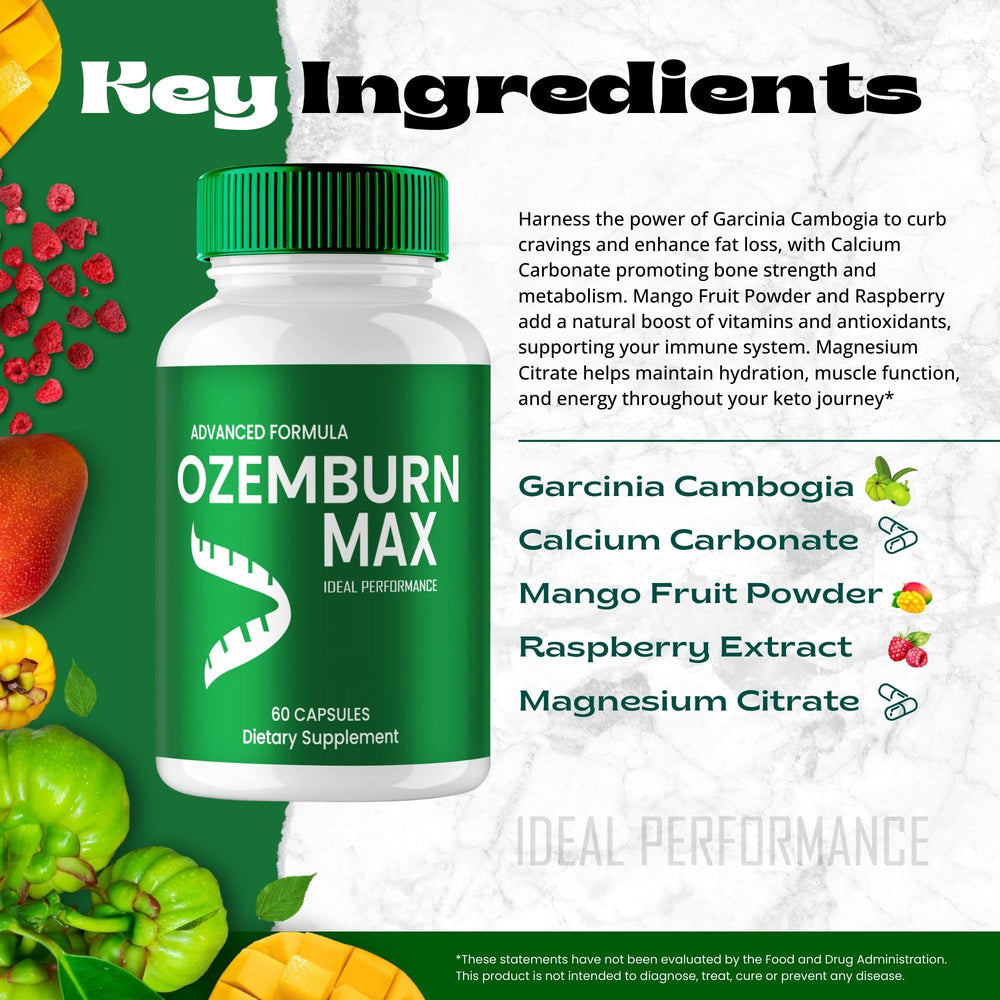 IDEAL PERFORMANCE OzemBurn Max ingredients panel emphasizing natural components.